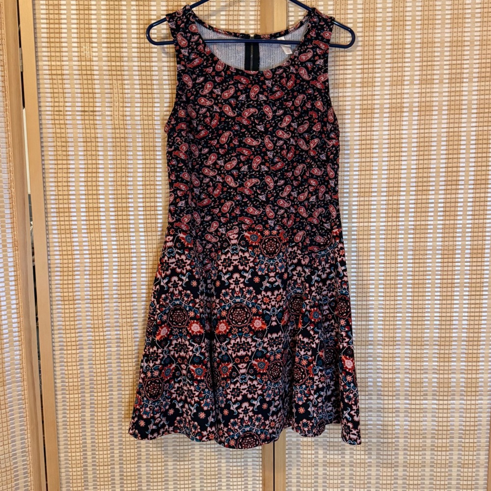 Xhilaration Womens Paisley Floral Fit Flare Skater Dress Navy Red Large Bohemian